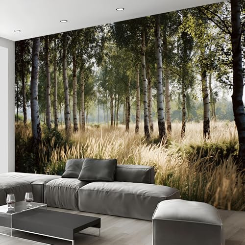 Flores Silvestres Bosque De Abedules Papel Pintado Fotomurales Para, Paisaje Natural Papel Tapiz Pintado seda - Pared Moderna, Verde Grisáceo Murales Fotográficos Decorativos - 400 x 280 cm