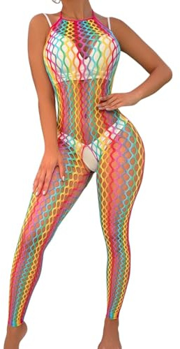 Women’s Sexy Fishnet Bodystocking Rainbow Halter Bodysuit Hollow Lingerie | Backless Jumpsuit Colorful Striped Full Body Stocking See Through Mesh Nightwear Stretch Babydoll Bikini Cover Up Rave Outfit