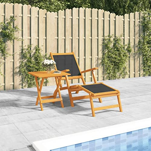 Holepyr Trädgårdssilstol med bord av massivt akaciaträ och textil, justerbart ryggstöd, vikbar, för trädgård, terrass, balkong, pool, strand, wellness bastu, utomhusfåtölj med fotdel