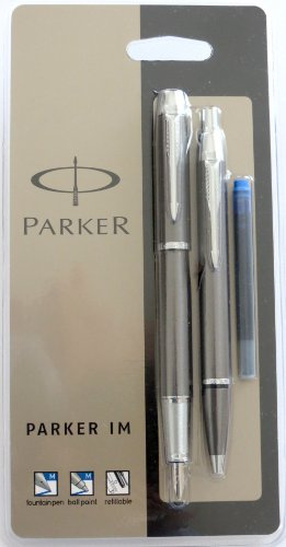Parker IM Gun Metal Chrome Trim Fountain Pen and Ball Pen Set
