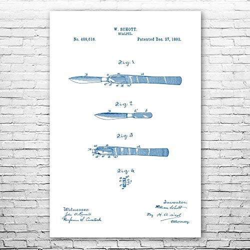 Surgical Scalpel Poster Print, Surgeon Gift, Medical Decor, Doctors Office Art, Nurse Gift, Medical School Art Blue & White (9 inch x 12 inch)