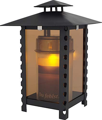 Lanterne funéraire rectangulaire en acier avec verre parsolaire et motif perforé dans les baleines avec bougie LED 21 cm (Noir)
