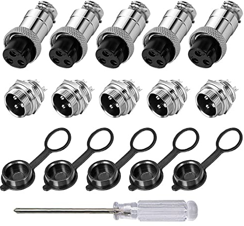 Aiqeer 5 Pezzi 3-Pin GX16 Connettore Aviazione, 16 mm Connettore Aviazione Metallo, 5A Connettore Aviazione Maschio Femmina, con Cappuccio in Gomma e Cacciavite a Croce