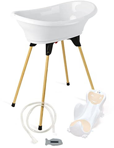 THERMOBABY – Pack de bañera para bebé VASCO 5 en 1 – Bañera, pie de madera, manguera de drenaje, tumbona de baño, termómetro – blanco candidiasis – Plegable y estable – Fabricado en Francia
