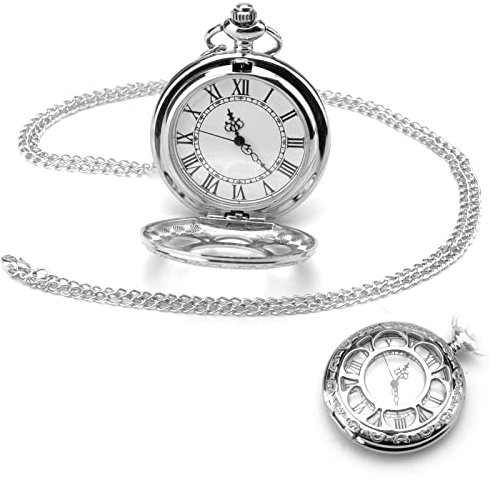 TNSLAND Vintage Taschenuhr Glatte Quarz Taschenuhr mit Kette, Antik Kettenuhr mit Arabischen Ziffern, Silber Retro Taschenuhren für Herren, Pocket Watch für Damen Herren Vater Opa Geburtstag Jahrestag
