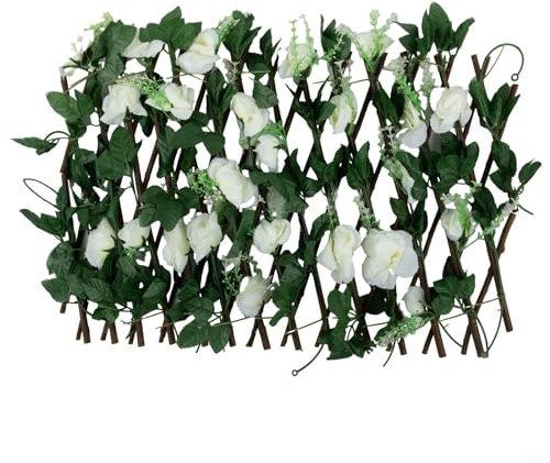 Clôture de haie artificielle, treillis extensible pour décoration de jardin, clôture télescopique extérieure, clôture de feuilles de fleurs artificielles (blanc)
