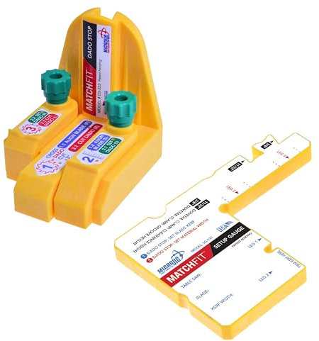 Microjig MatchFit Dado Stop mit MatchFit Setup Gauge - Für Tischsägen und Oberfrästische, Dado Blades, Dado Router Bits; DeWalt/Diablo/Makita/Bosch/Skil/Jet/Powermatic/SawStop und mehr