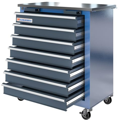 LARBANKE 7-Schubladen Werkzeugschrank,Hochwertiges Metallprodukt mit 360°-Gummirädern,Sicherheitsverriegelung,rutschfeste Perlbaumwollmatte,7-Schubladen Werkstattwagen zu Einem Großen Arbeitsplatz