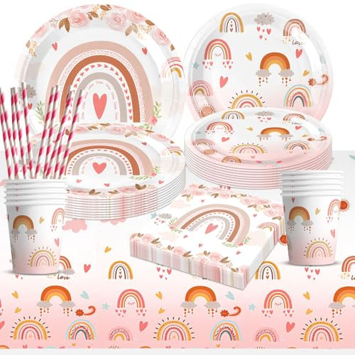 Raxfekro Vaisselle Jetable Anniversaire Fille Arc en Ciel assiette jetable anniversaire pour 10 Invités kit Vaisselle de Fête pour Decoration Noces, Baby Shower, Noël et Fêtes
