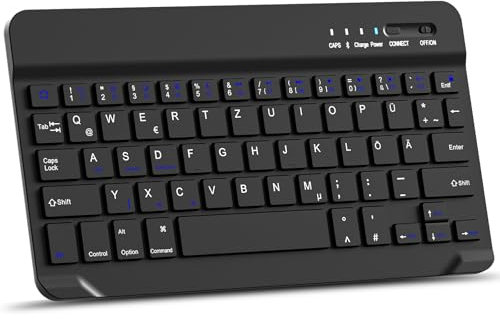 MMK Bluetooth-Tastatur, Deutsches QWERTZ-Layout, Leise Tasten, Mini Wireless Keyboard für iPad 10. Generation/iPad Pro/Air/Mini/10.2/9.7, iPhone, Android, Windows (Schwarz)