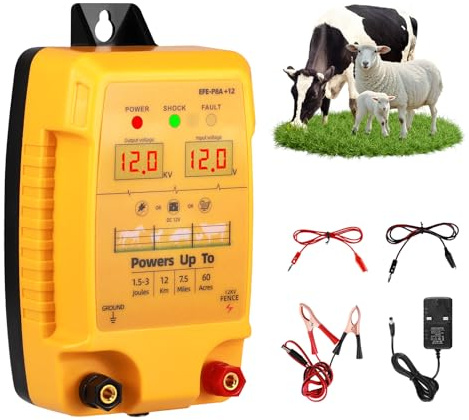 12V Electric Fence Energiser 2J Output 10 KV Peak, 7.5Miles Range, Electric Fence Charger Powered by 12V Battery/ AC/ Solar Power, Weatherproof Kit to Protect Poultry, Livestock, Horse, Pigs, Goats