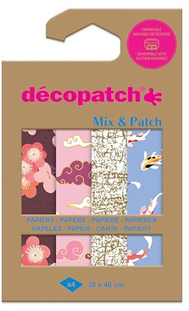 Décopatch DP050C - Une Pochette de 4 Feuilles Décopatch - Dimensions : 30 x 40 cm - Papiers imprimé, voyage au Japon - Mix & Patch - A partir de 5 ans, DIY, création, rénovation, activité créative