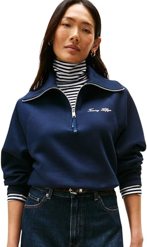 Tommy Hilfiger Sudadera con Cremallera Mujer Classic Script Fleece Media Cremallera, Azul (Dark Night Navy), XL