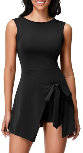 Dam tennisklänning med shorts enfärgad ärmlös öppen rygg golf atletiska klänningar sommar yoga träning mini tank klänning, A-svart, L