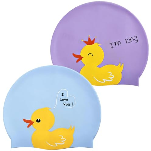 2 Pezzi Cuffia Piscina Bambino,Cuffia da Nuoto Bambini per Piscina,Cuffia Piscina Uomini E Donne in Silicone, Ipoallergenica, Elastica e Soffice al tatto per Capelli corti e lunghi (Blu e Viola)