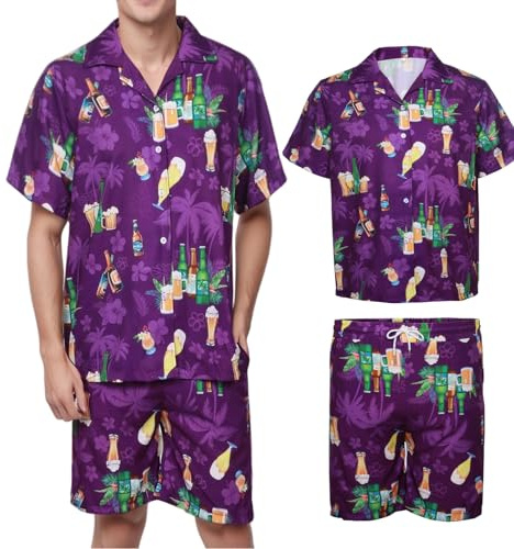 Camisa Hawaiana Hombre, Cerveza Camisa Verano Manga Corta Hawaiana Hombre Pantalones Hawaii Flor Playa Vacaciones Piscina (FR/ES, Letras, L, Regular, Regular, Morado)