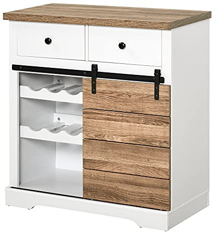 HOMCOM Aparador Armario de Cocina Aparador de Cocina Mueble Botellero para 6 Botellas con Puerta Corredera de Granero y 2 Cajones Estilo Rústico para Salón Comedor 80x39x86 cm Blanco y Natural