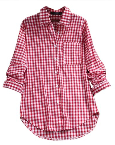 Camicia da donna a maniche lunghe da donna, oversize, camicia a quadretti, vintage, a maniche lunghe, con bottoni, con tasca sul petto, vestibilità comoda, camicia leggera