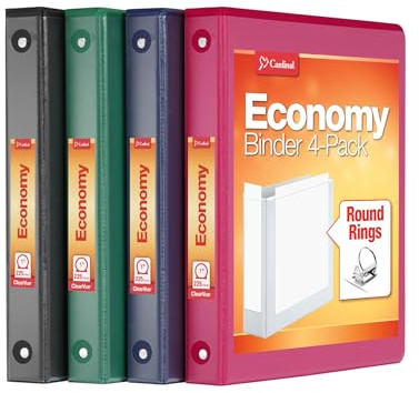 Cardinal 3 Ring Binders, Binders for School and Office, Durable 1 Inch, Round Rings, Holds 225 Sheets, ClearVue Presentation View, Non-Stick, Assorted Colors, 4 Pack (1017672)