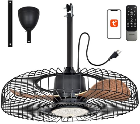 Orison Outdoor Ceiling Fans with Lights for Patio, 24 Weatherproof Ceiling Fan, Gazebo Fan Remote & APP Control, 3CCT Dimmable,Caged Plug in Ceiling Fan with Hanging Hook for Pergola Porch Canopy
