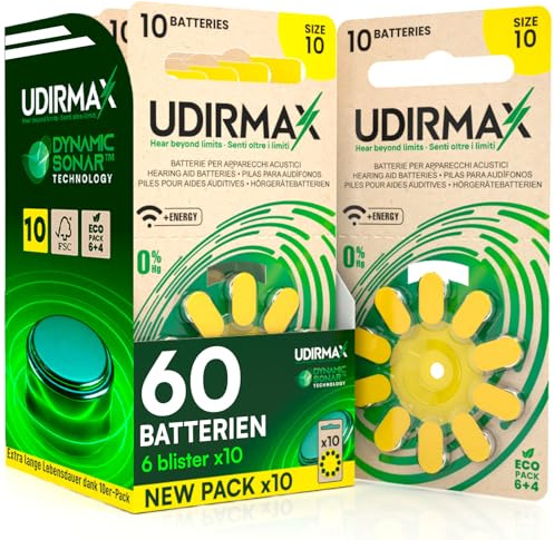 60 Batterie per Apparecchi Acustici Misura 10 Udirmax Pile PR70 Gialle Zinco-Aria 1,45V Eco Pack - 6 Blister Ecologici da 10 Pile
