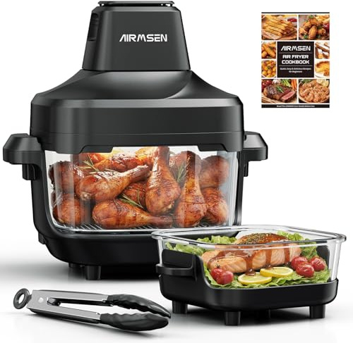 AIRMSEN Friggitrice ad aria calda 4,5L + 1,2L con doppio contenitore, 1500W Air Fryer Friggitrice ad aria calda 60–230°C, 4 preimpostazioni, testa Airfryer rimovibile, vetro non tossico, adatto per