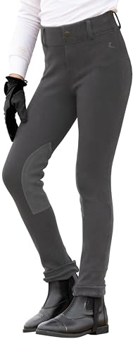 HORZE Nora Girls Riding Pants with Leather Knee Patch | Kids Equestrian Girls Jodhpurs Breeches | Size Chart in Images - Dark Grey - M