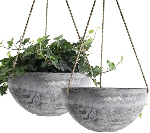 LA JOLIE MUSE Hanging Planter Flower Plant Pots - 9.84 Inch Indoor Outdoor Balcony Patio Hanging Basket Set of 2, Marble Pattern