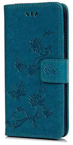 Samsung Galaxy A6 Phone Case 2018, PU Leather Flip Notebook Wallet Case Embossed Lotus Butterfly with Stand Card Holder ID Slot Folio TPU Bumper Protective Skin Cover for Samsung Galaxy A6 Blue