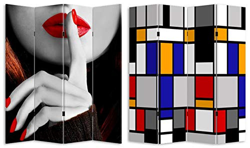 Bakaji Paravento Separè Struttura in Legno Rivestimento in Tela Con Stampa Fronte Retro Fashion e Mondrian Divisorio Richiudibile Pieghevole (180 x 160 cm 4 Pannelli)