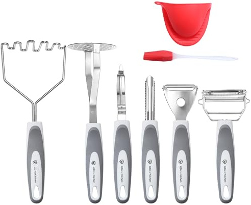 Stainless Steel Potato Masher & Peeler Set (6PCS Set - Gray) - Includes Potato Ricer, Wire Masher, Multi-purpose Peelers, Comfortable Grip Design For Kitchen, Free Silicone Brush and Oven Mitt