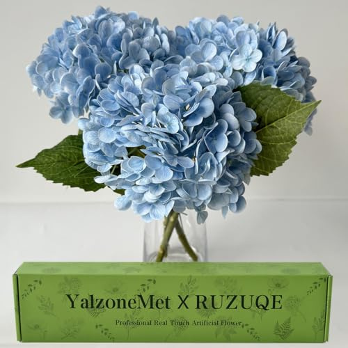 YalzoneMet Real Touch Hydrangea Artificial Flowers 3 Pcs 21 inches Light Blue Natural Lifelike Latex Flower Long Stem Faux Hydrangea Gift for Home Kitchen Garden Xmas Decor Christmas Table Centerpiece