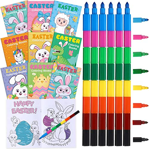 Funrous 24 Pcs Easter Coloring Books Bulk with 24 Stacking Crayons for Kids Party Favors Happy Easter Activity Books Goodie Bags Basket Stuffers for Holiday School Classroom Activity Party Supplies
