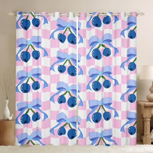 Manfei Blue Bowknot Kids Blackout Curtain,Princess Bow-tie Blueberry Fruit Window Drapes for Girls Women,Geometric Plaids Patch Pink White Window Treatments Grommet Top 2 Panel Set,38Wx54L inch