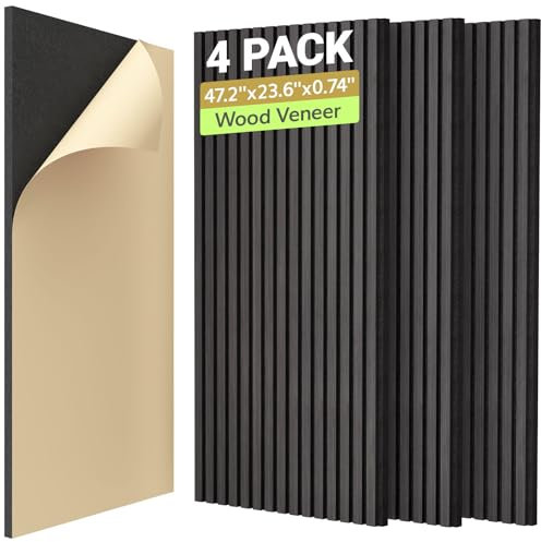 TONOR Paneles 3D Acusticos de Madera Autoadhesivo, Pack 4 Aislante Acustico Decorativo, 120x60x1,9 cm Insonorizacion Acustica Pared, Doble Capa Palilleria Insonorizar para Absorción de Eco, Negro
