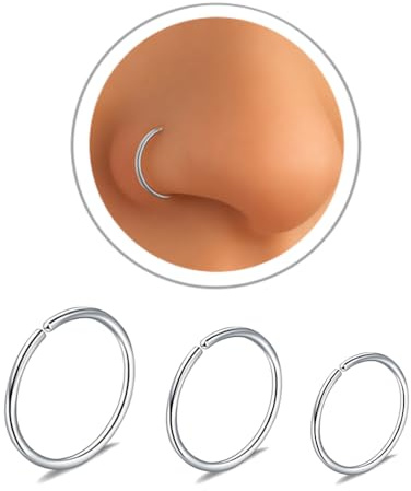 WIIKKOPM 3pk Thin Titanium Nose Ring G23 Implant Grade Nose hoops 6mm 8mm 10mm Diamter, 22g Guage for Nose helix Tragus Septum cartilague Colour (Silver)