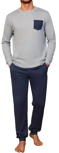 Crewhpo Pijama Hombre Invierno Algodón Conjunto de Pijamas Manga Larga Cuello Redonde Camiseta Ropa de Dormir y Pantalones Largos con Bolsillos