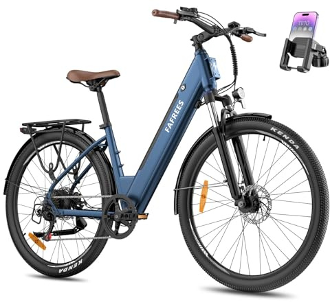 Fafrees F28 PRO Electric Bike for Adults, 16Ah Long-Range Battery, 27.5 Step-Through City E-Bike 250W Motor, 7-Speed Commuter Electric Bicycle, Suspension Fork (GWP Phone Holder, BLUE)