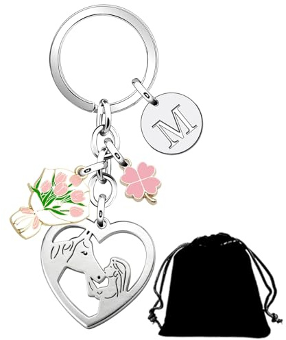 QTZXZX Cadeaux Fille et Cheval pour Femme. Porte-clés lettre initiales Coeur Porte Clef argent A-Z 26 chanceux. Personnalité Cadeaux de Amoureux des Chevaux et Fille Anniversaire Noël (M)