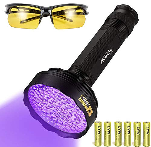 Alonefire SV128 Torcia UV Professionale 395nm 128 LED Lampada Ultravioletti Luce Nera per Fluorescina, Scorpione, Rilevatore di Urina, Macchie Secche, Pavimento con Occhiali UV, Batterie 6xAA incluse