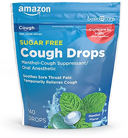 Amazon Basic Care Sugar Free Menthol Cough Drops for Sore Throat Relief, Diabetic-Friendly, 140 Count