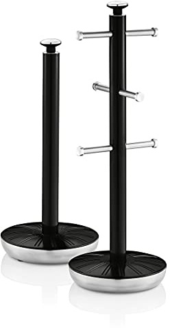 Swan Retro Kitchen Towel Pole and 6 Cup Mug Tree, Weighted Base, One Size, Black