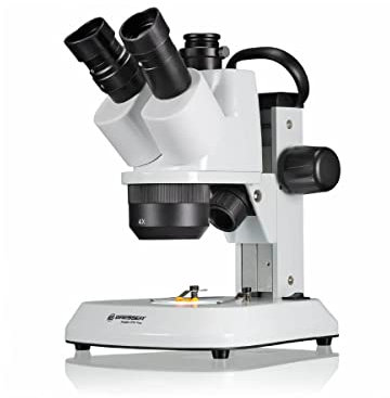 Bresser trinokulares Stereomikroskop Analyth STR Trino 10x - 40x mit getrennt dimmbarem LED-Auf- und Durchlicht und Tragegriff für mobilen Einsatz