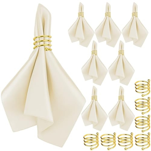 MCEAST Satin Cloth Napkins and Napkin Rings Set of 8, Smooth Fabric Table Napkins and Napkin Holder for Wedding, Birthday Dinner Party, Family Gatherings, Table Decor (Ivory, 17 x 17 Inches)