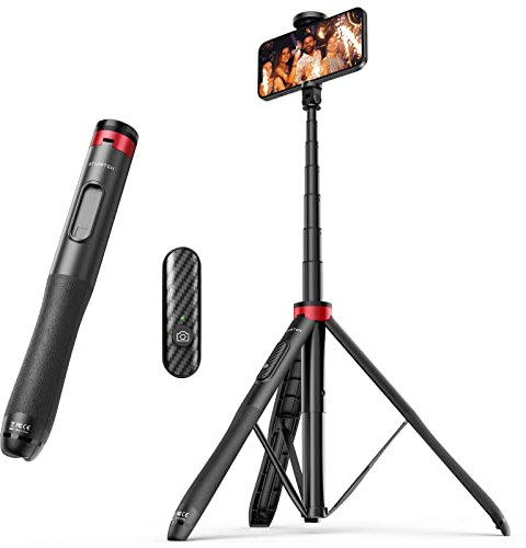 ATUMTEK 51 Zoll Selfie Stick Stativ, Selfie Stativ mit Hochbelastbarem Aluminium und Rutschfesten Dreibein Füßen für iPhone und Android-Handy Selfie, Videoaufnahme, Videoblogs Live Streaming Rot