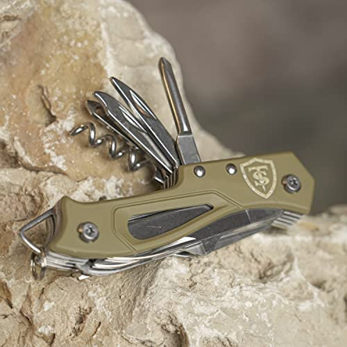 TS Tactical Store Couteau de poche pliant polyvalent (10 utilisations) pour le camping avec étui vert militaire pour les escapades et les pique-niques en plein air 11114