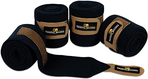Horses Fasce Pile Antipilling Tosoni Deluxe Oro, 4 pz. Nero, Fasce per la Protezione del Cavallo, per Favorire la Ripresa Dopo Gli Sforzi e Proteggerlo da Graffi e Urti