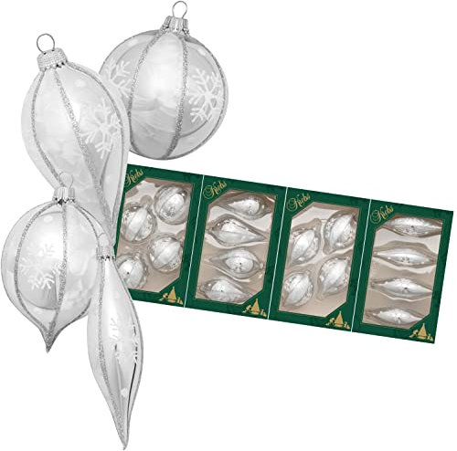 Krebs Glas Lauscha Christbaumschmuck aus Glas - 4er Set Silberne Kugeln & Tropfen mit Schneeflocken - Größe ca. 10 cm - 16 Stück