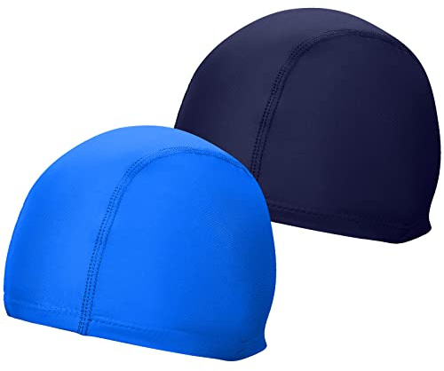 2 Pcs Elastic & Lightweight Swimming caps, Comfortable Fabric Swimming Hats for Women Men Kids and Adults, Unisex Nylon/Non-Slip Bathing Caps for Long Short Hair(Navy Blue+Lake Blue)