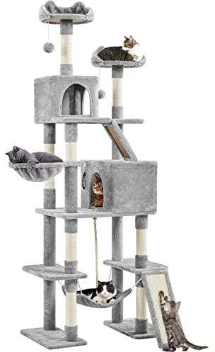 Yaheetech Albero Tiragraffi per Gatti Altezza 209 cm in Truciolato e Corda in Sisal con Condomini Posatoi e Amaca per Gioco e Pisolini Multilivello Grigio Chiaro
